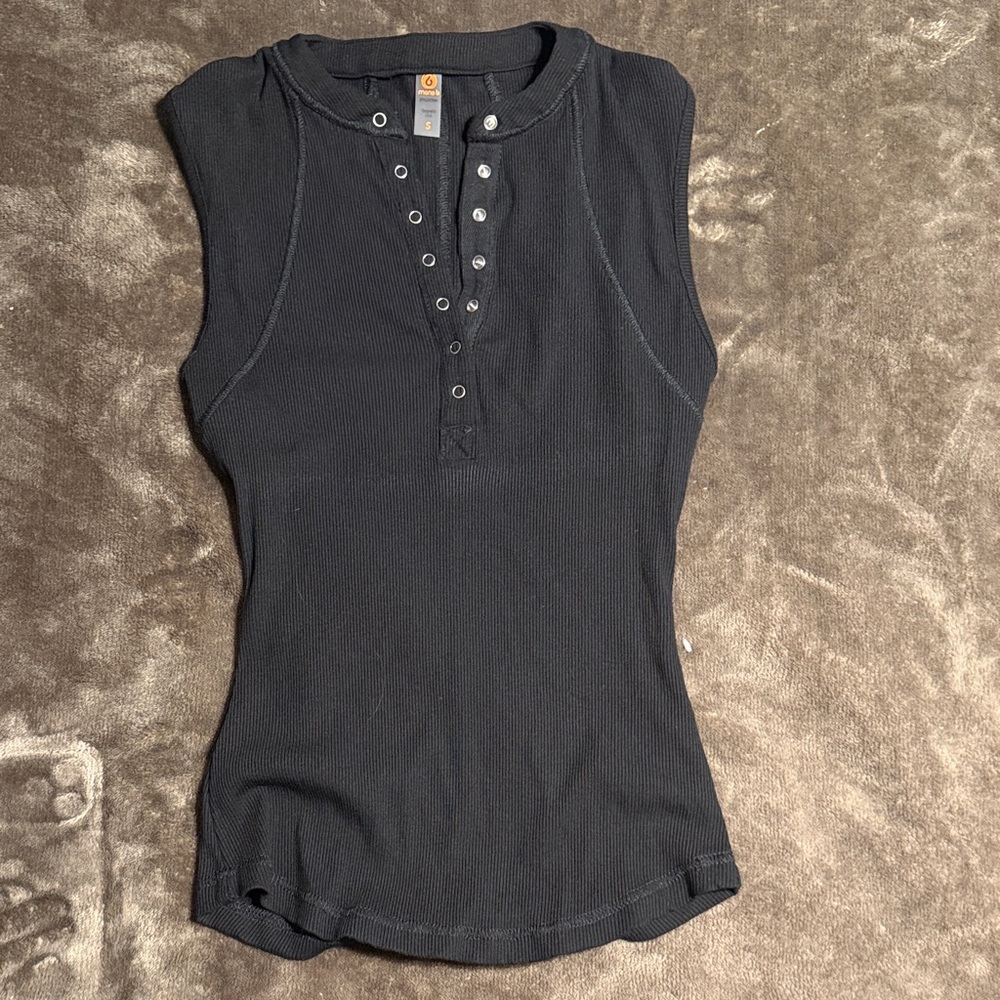 Mono B Black Ribbed Henley Sleeveless Tank